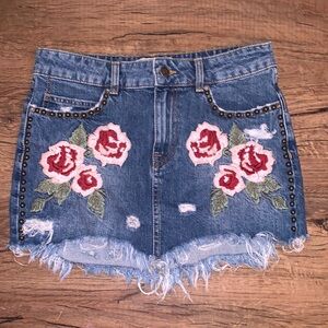Free People Wild Rose Denim Floral Embroidered Skirt- Size 26